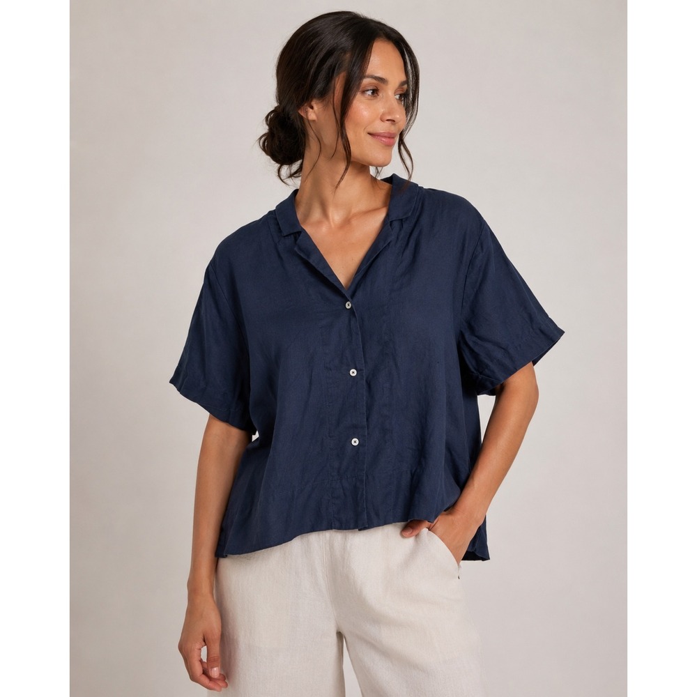 Quince 100% European Linen Short Sleeve Notch Lapel Shirt Navy Blue XL - Picture 2 of 6